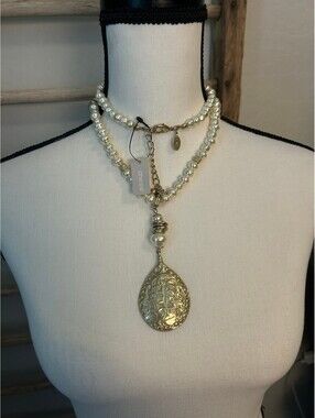 Chico's Pearl Beaded Necklace with Ornate Gold-Tone Pendant